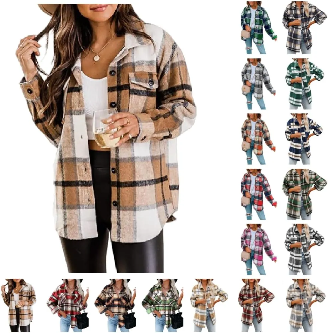 Womens Flannel Plaid Shacket Oversized Button Down Shirt Jacket Casual Wool Blend Jackets Cropped Brushed Warm Coat