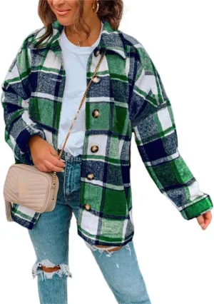 Womens Flannel Plaid Shacket Oversized Button Down Shirt Jacket Casual Wool Blend Jackets Cropped Brushed Warm Coat