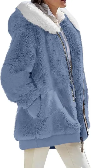 Womens Fleece Jacket Full Zip Fluffy Hoodie Winter Hooded Cardiagan Coat Sherpa Jacket with Pockets