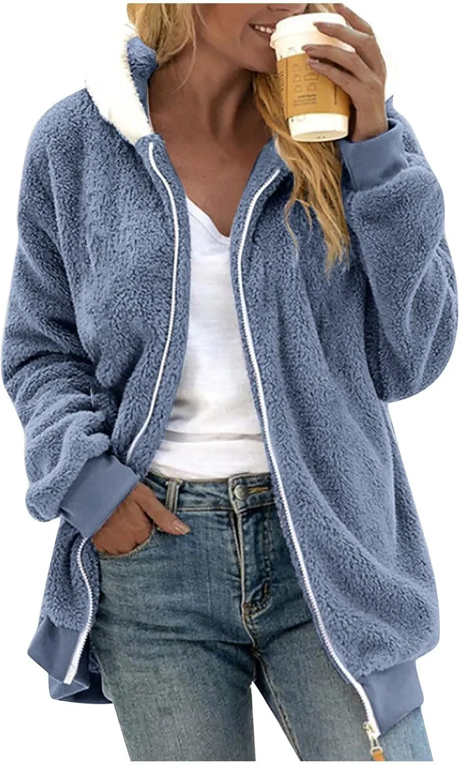 Womens Fleece Jacket Full Zip Fluffy Hoodie Winter Hooded Cardiagan Coat Sherpa Jacket with Pockets