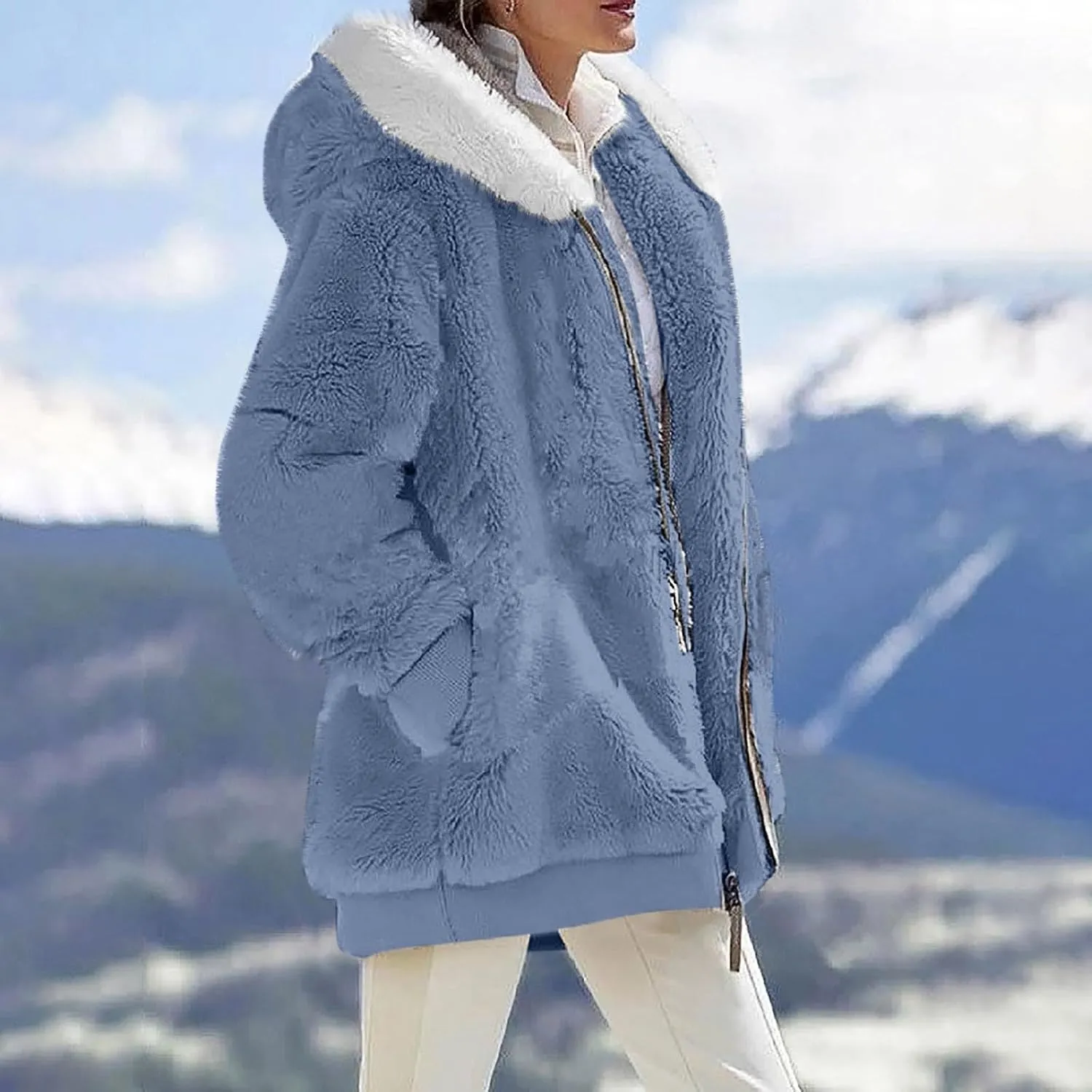 Womens Fleece Jacket Full Zip Fluffy Hoodie Winter Hooded Cardiagan Coat Sherpa Jacket with Pockets