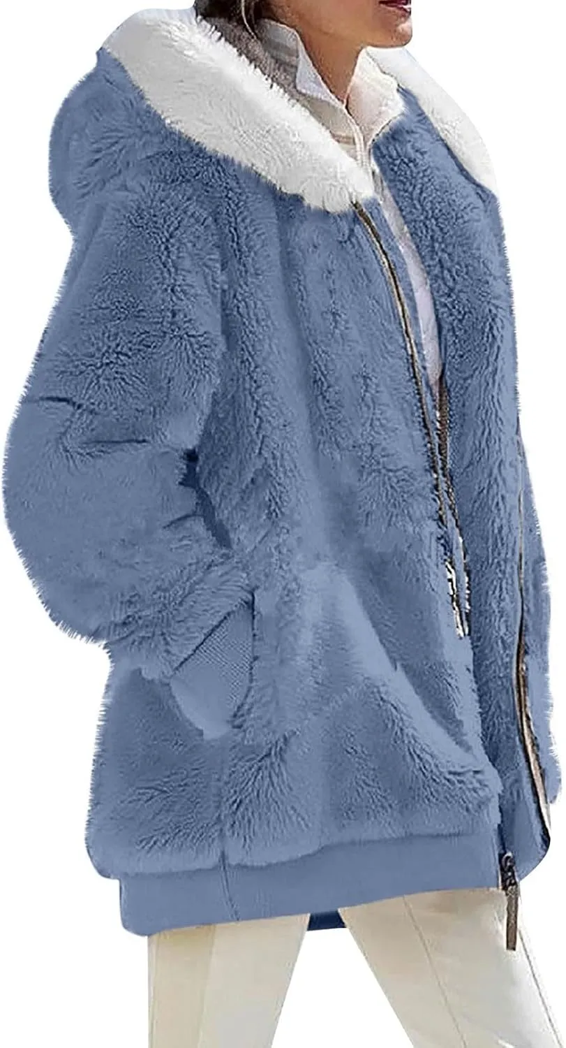 Womens Fleece Jacket Full Zip Fluffy Hoodie Winter Hooded Cardiagan Coat Sherpa Jacket with Pockets