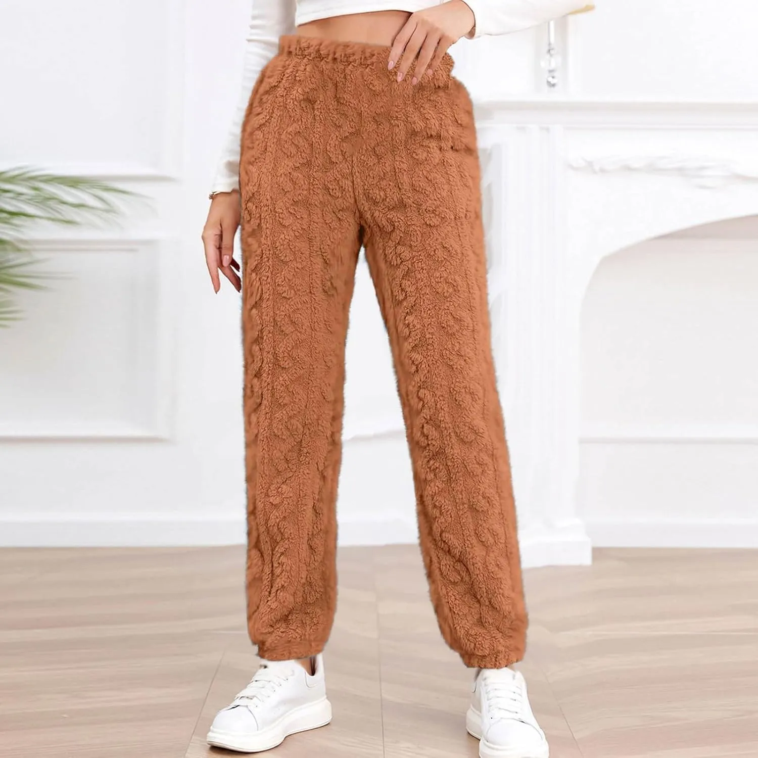 Women's Fleece Pajama Pants Fuzzy Cozy Thicken Warm Lounge Bottoms Elastic Waist Cuffed Trousers Solid Color Home Pant