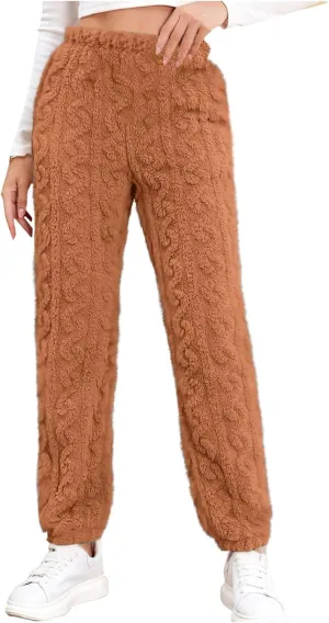 Women's Fleece Pajama Pants Fuzzy Cozy Thicken Warm Lounge Bottoms Elastic Waist Cuffed Trousers Solid Color Home Pant