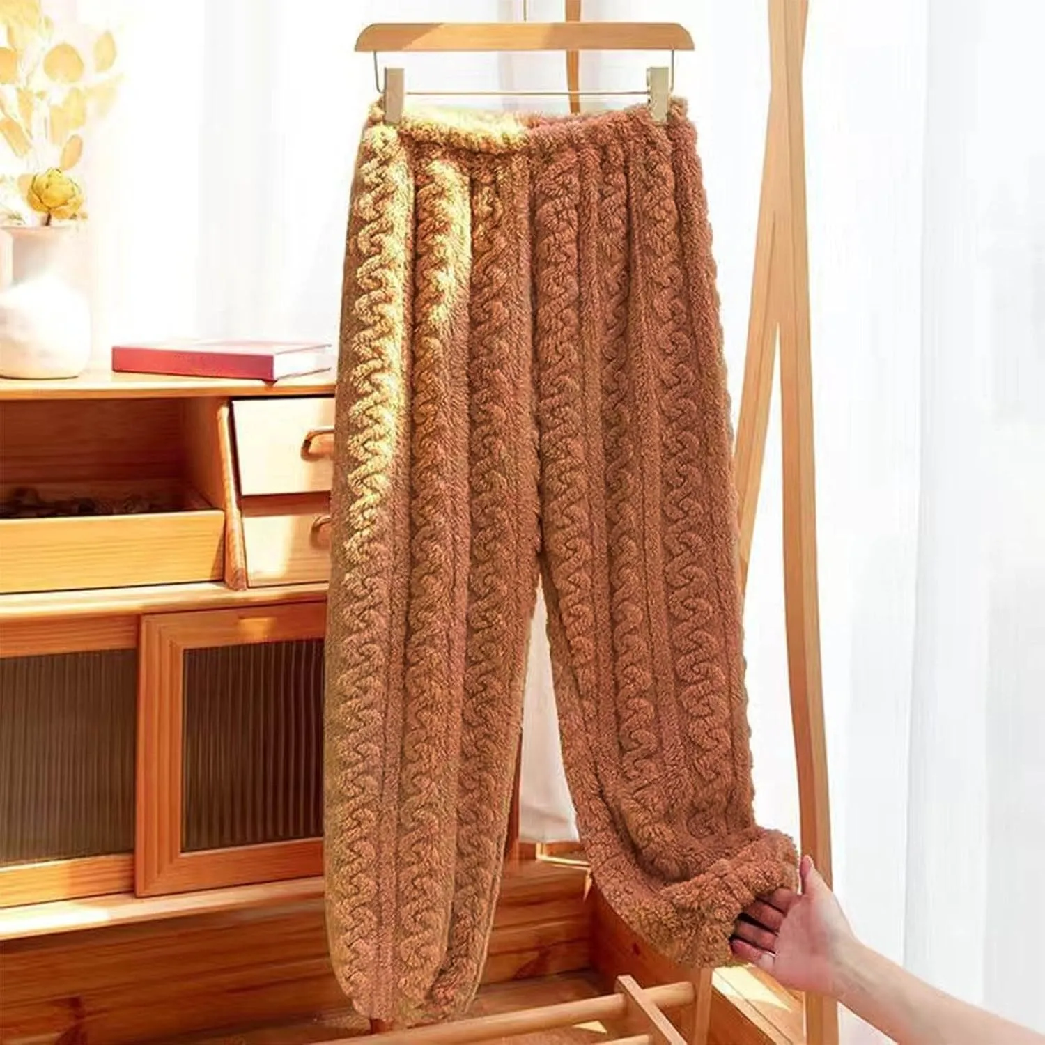 Women's Fleece Pajama Pants Fuzzy Cozy Thicken Warm Lounge Bottoms Elastic Waist Cuffed Trousers Solid Color Home Pant