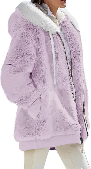 Womens Full Zip Up Sherpa Hoodie Fuzzy Fleece Jackets Oversized Fluffy Coat with Pockets S-5Xl