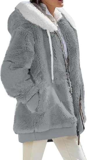 Womens Full Zip Up Sherpa Hoodie Fuzzy Fleece Jackets Oversized Fluffy Coat with Pockets S-5Xl