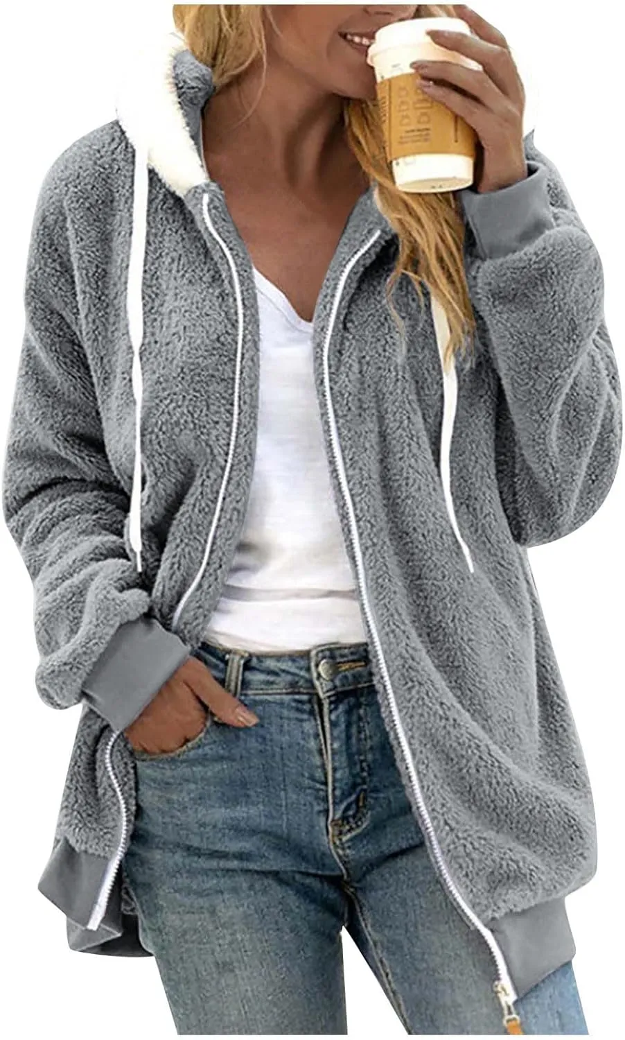 Womens Full Zip Up Sherpa Hoodie Fuzzy Fleece Jackets Oversized Fluffy Coat with Pockets S-5Xl