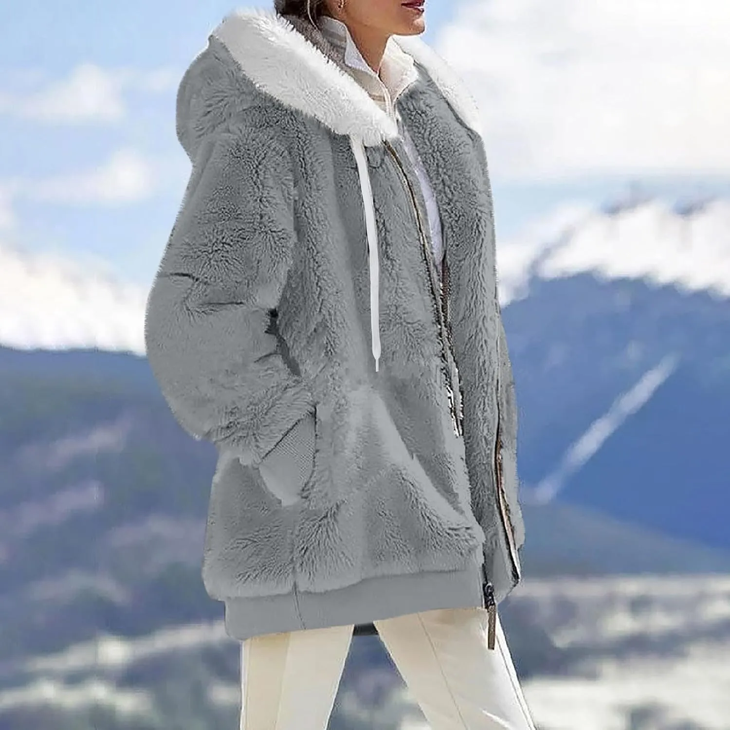 Womens Full Zip Up Sherpa Hoodie Fuzzy Fleece Jackets Oversized Fluffy Coat with Pockets S-5Xl