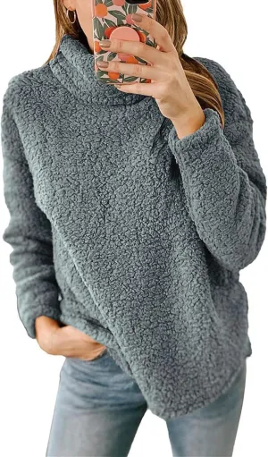 Womens Fuzzy Fleece Pullover Sherpa Sweatshirt Casual Long Sleeve Turtleneck Sweaters Loose Chunky Knit Tops