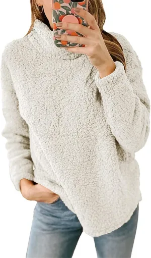 Womens Fuzzy Fleece Pullover Sherpa Sweatshirt Casual Long Sleeve Turtleneck Sweaters Loose Chunky Knit Tops
