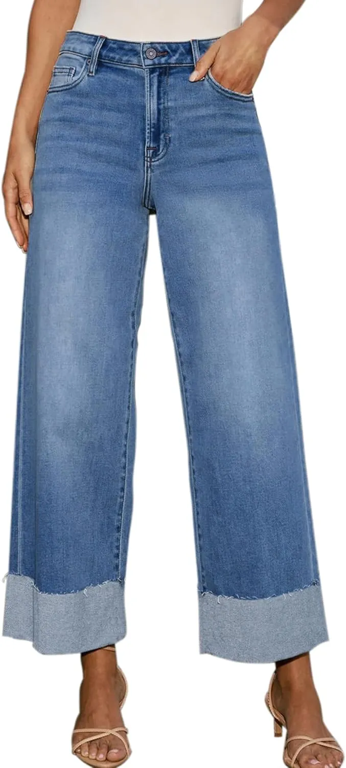 Women's High Waisted Wide Leg Jeans Stretch Frayed Raw Hem Straight Leg Boyfriend Cuffed Jeans Trendy 2025