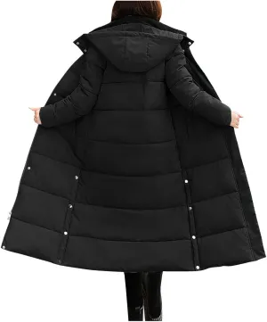 Women's Hooded Long Down Jacket Thicken Warm Parka Puffer Coat Full Zip Quilted Outerwear with Side Button Hem