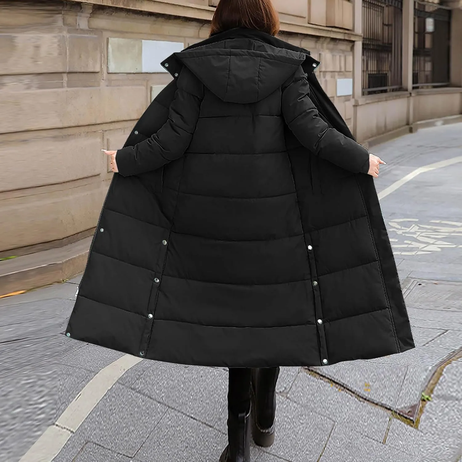 Women's Hooded Long Down Jacket Thicken Warm Parka Puffer Coat Full Zip Quilted Outerwear with Side Button Hem