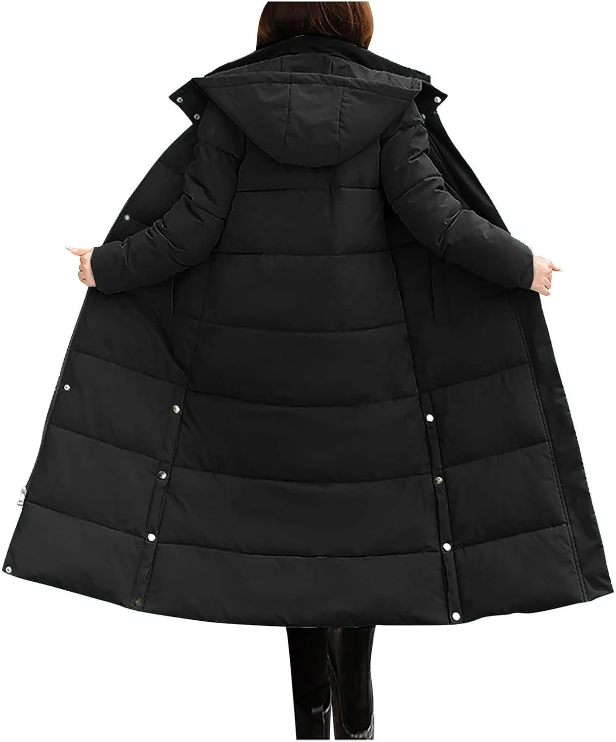 Women's Hooded Long Down Jacket Thicken Warm Parka Puffer Coat Full Zip Quilted Outerwear with Side Button Hem