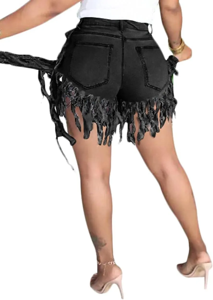 Women's Jean Shorts Plus Size Summer High Waisted Stretchy Frayed Raw Hem Tassele Denim Shorts