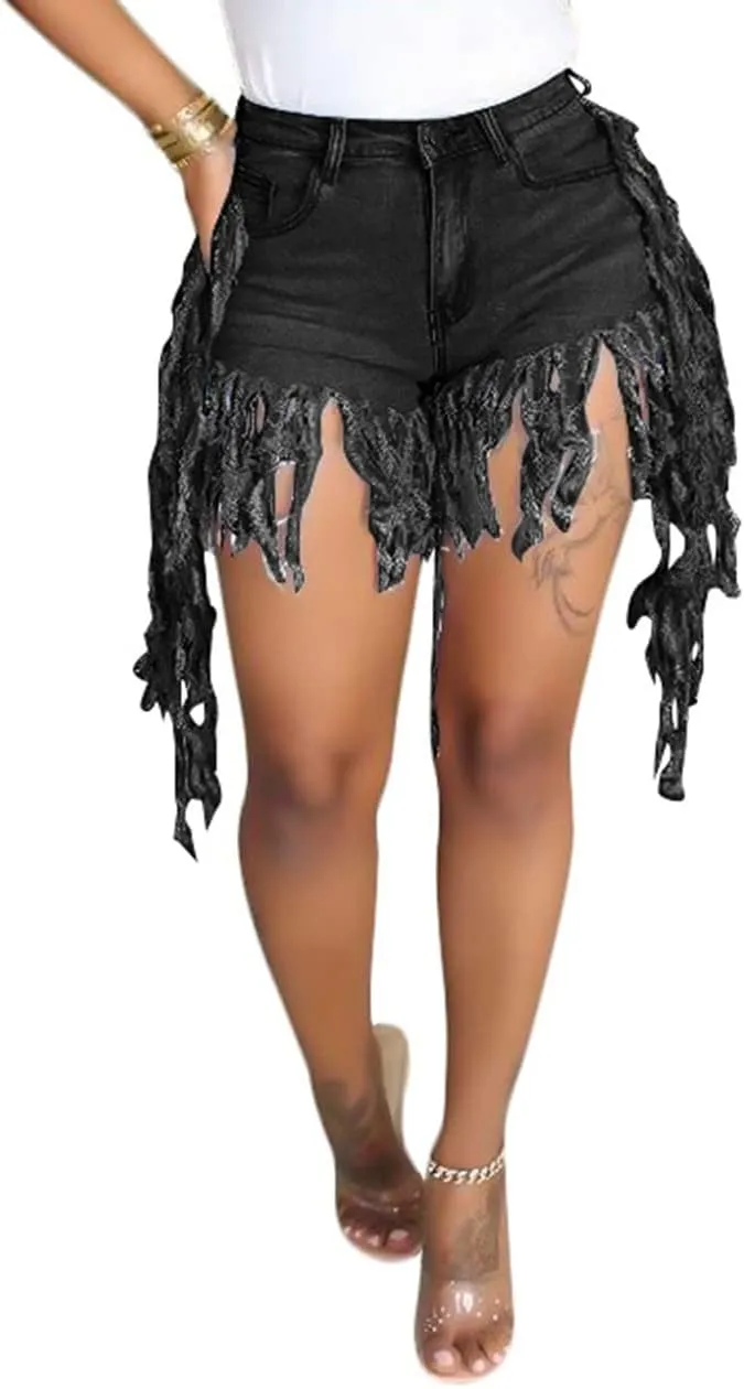 Women's Jean Shorts Plus Size Summer High Waisted Stretchy Frayed Raw Hem Tassele Denim Shorts