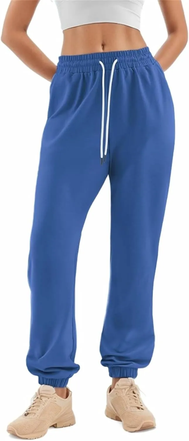 Womens Joggers with Pockets Elastic High Waisted Fleece Sweatpants Y2k Drawstring Athletic Lounge Sweat Pants