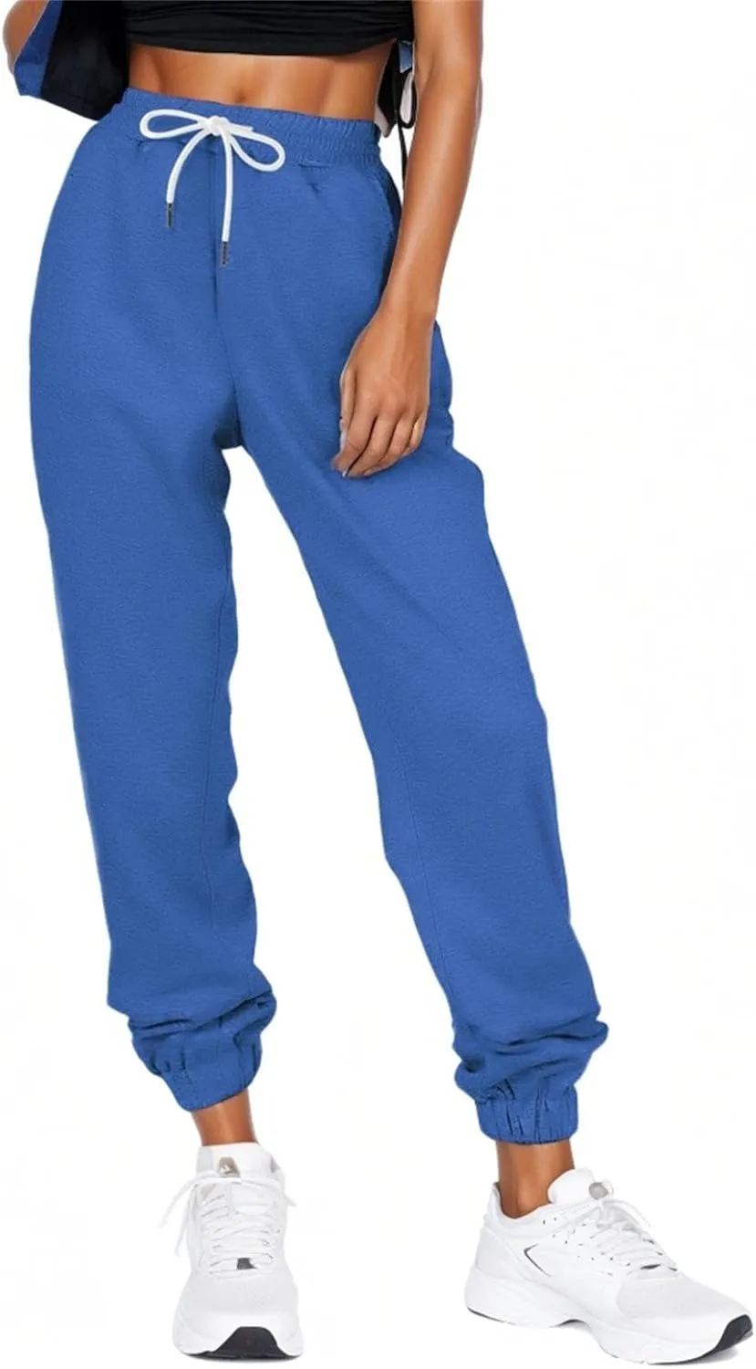 Womens Joggers with Pockets Elastic High Waisted Fleece Sweatpants Y2k Drawstring Athletic Lounge Sweat Pants