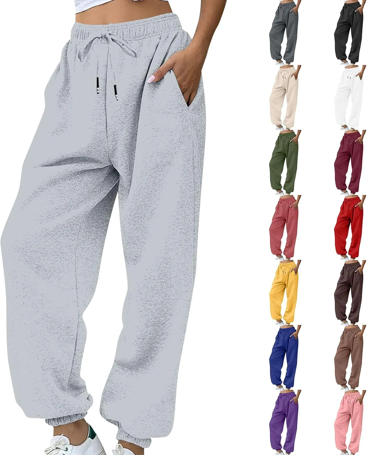 Womens Joggers with Pockets Fleece Baggy Sweatpants High Waisted Lounge Workout Ankle Athletic Pull On Jogger Pants