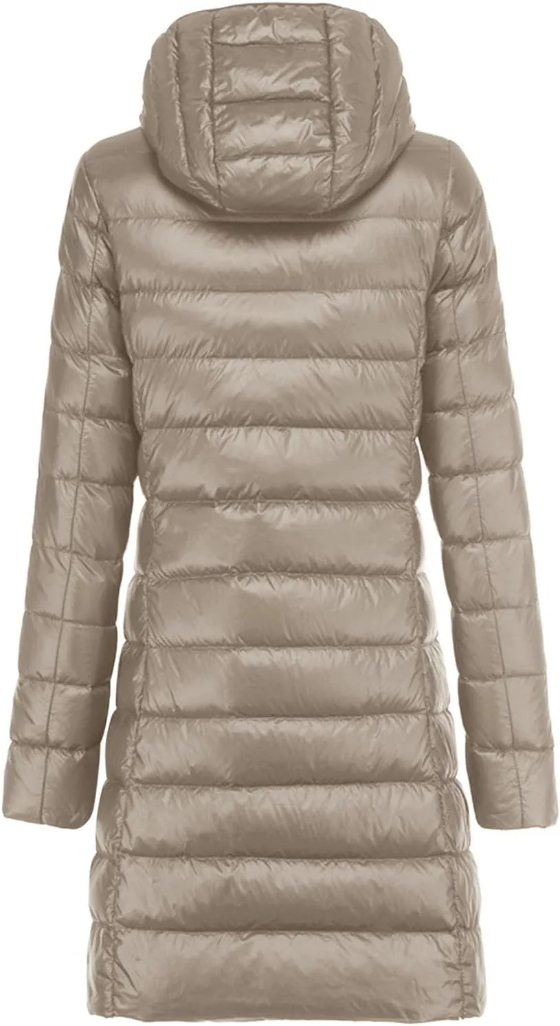 Womens Long Puffer Jacket Casual Lightweight Long Sleeve Hooded Down Coat Packable Zip Up Outwear 2024 Winter Coats