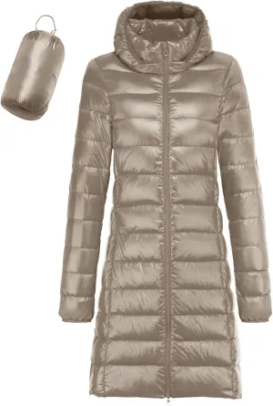Womens Long Puffer Jacket Casual Lightweight Long Sleeve Hooded Down Coat Packable Zip Up Outwear 2024 Winter Coats