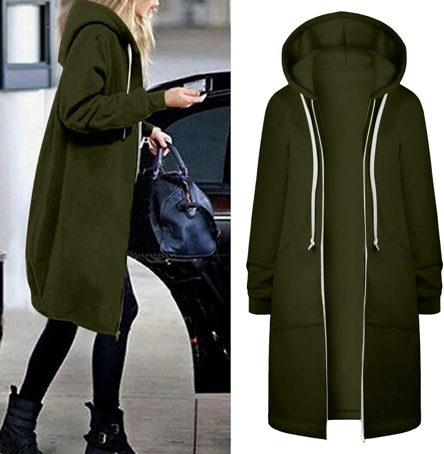Womens Long Winter Thick Coats Casual Warm Hooded Puffer Jacket Fashion Full Zip Long Sleeve Cardigan Coat with Pocket