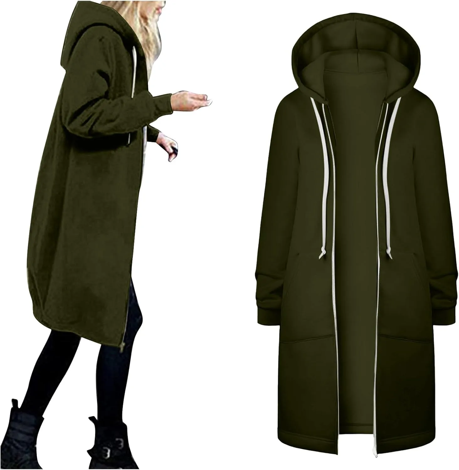 Womens Long Winter Thick Coats Casual Warm Hooded Puffer Jacket Fashion Full Zip Long Sleeve Cardigan Coat with Pocket