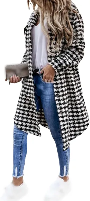 Women's Notched Lapel Collar Houndstooth Button Down Pea Coat Winter Wool Blend Over Coats Long Jackets
