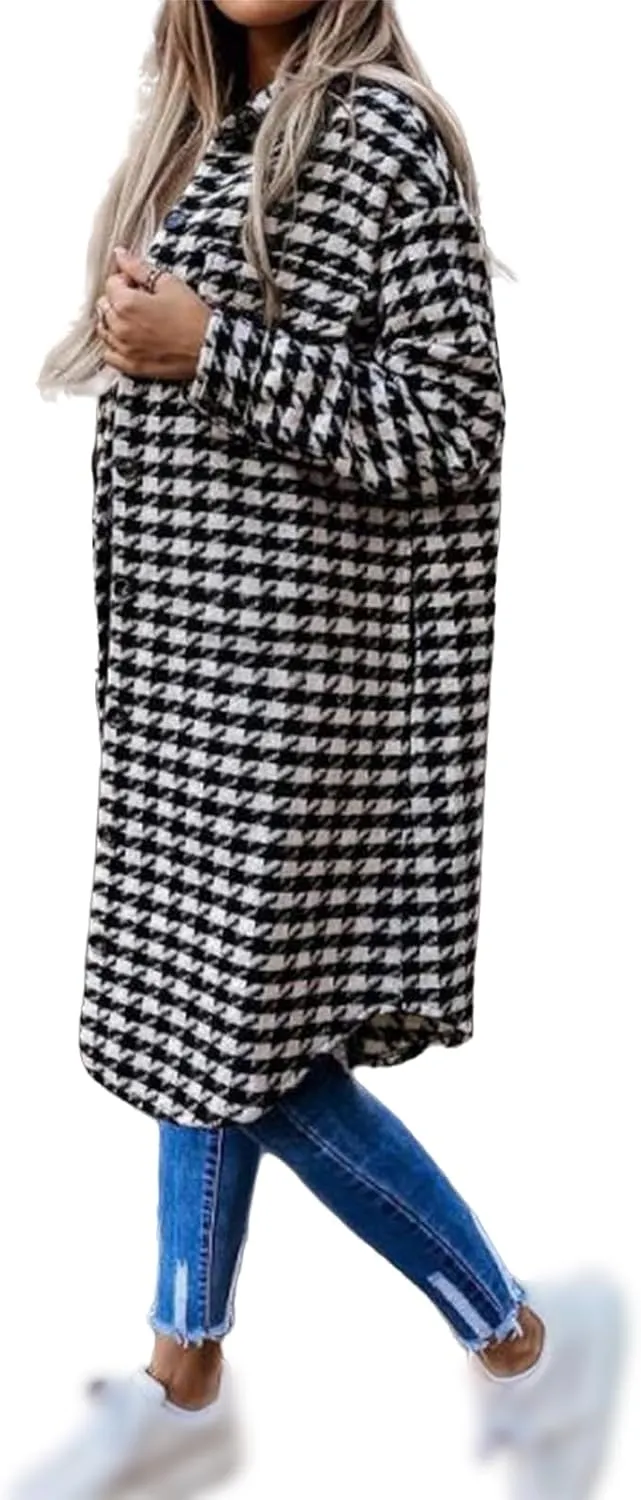 Women's Notched Lapel Collar Houndstooth Button Down Pea Coat Winter Wool Blend Over Coats Long Jackets