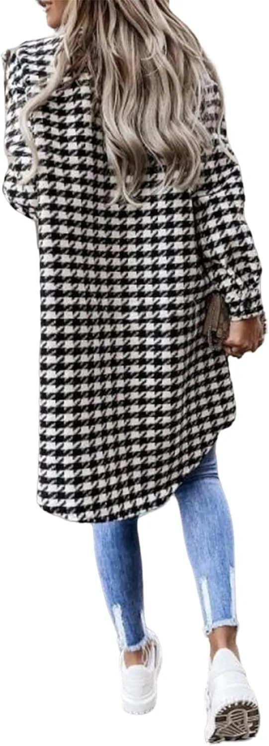 Women's Notched Lapel Collar Houndstooth Button Down Pea Coat Winter Wool Blend Over Coats Long Jackets