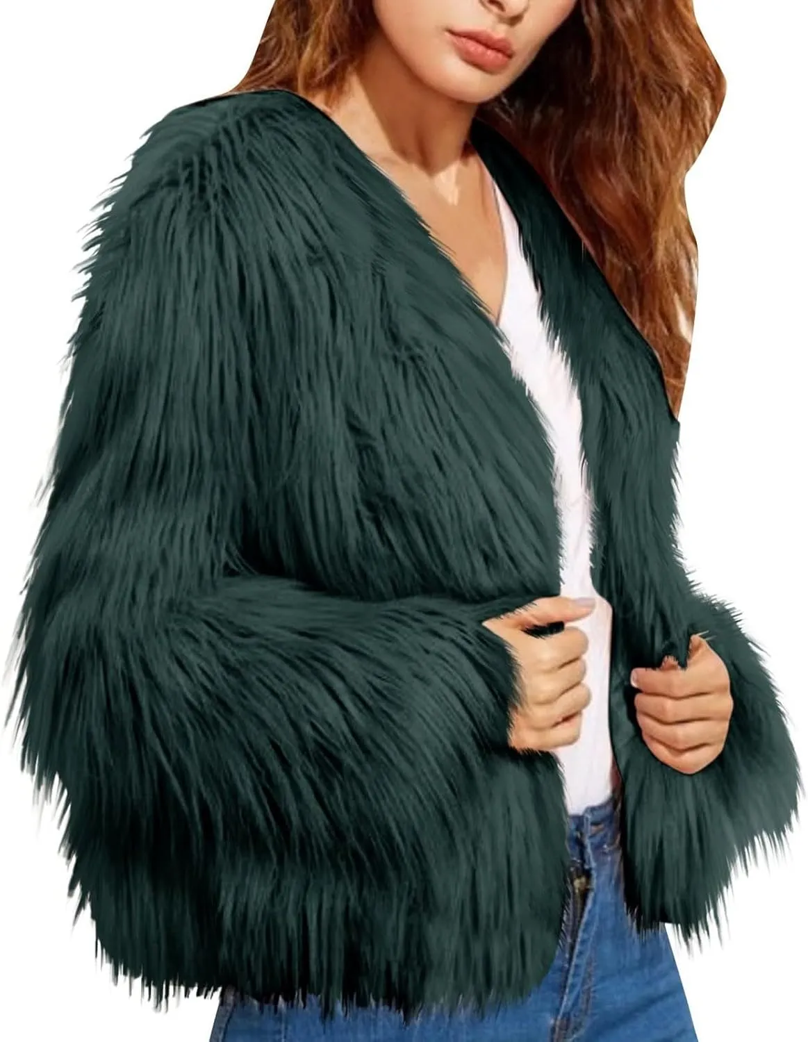 Womens Open Front Faux Fur Cardigan Winter Fashion Oversize Thermal Jackets Casual Long Sleeve Chunky Fuzzy Outwears