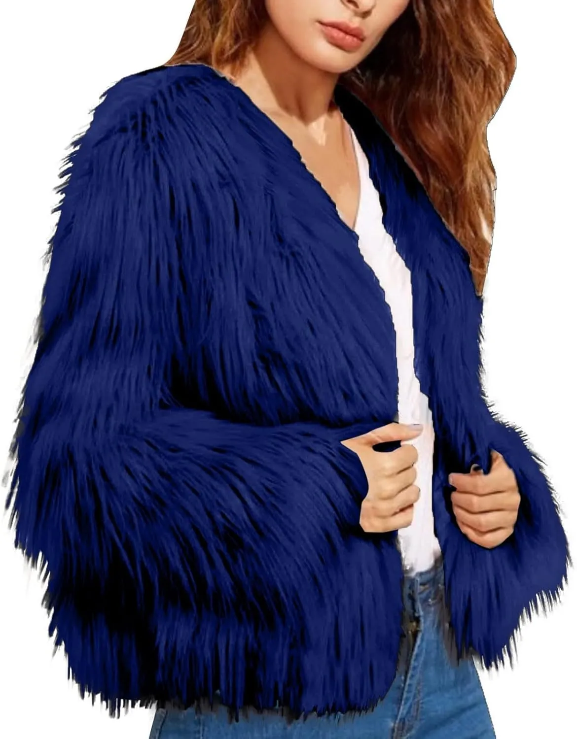 Womens Open Front Faux Fur Cardigan Winter Fashion Oversize Thermal Jackets Casual Long Sleeve Chunky Fuzzy Outwears