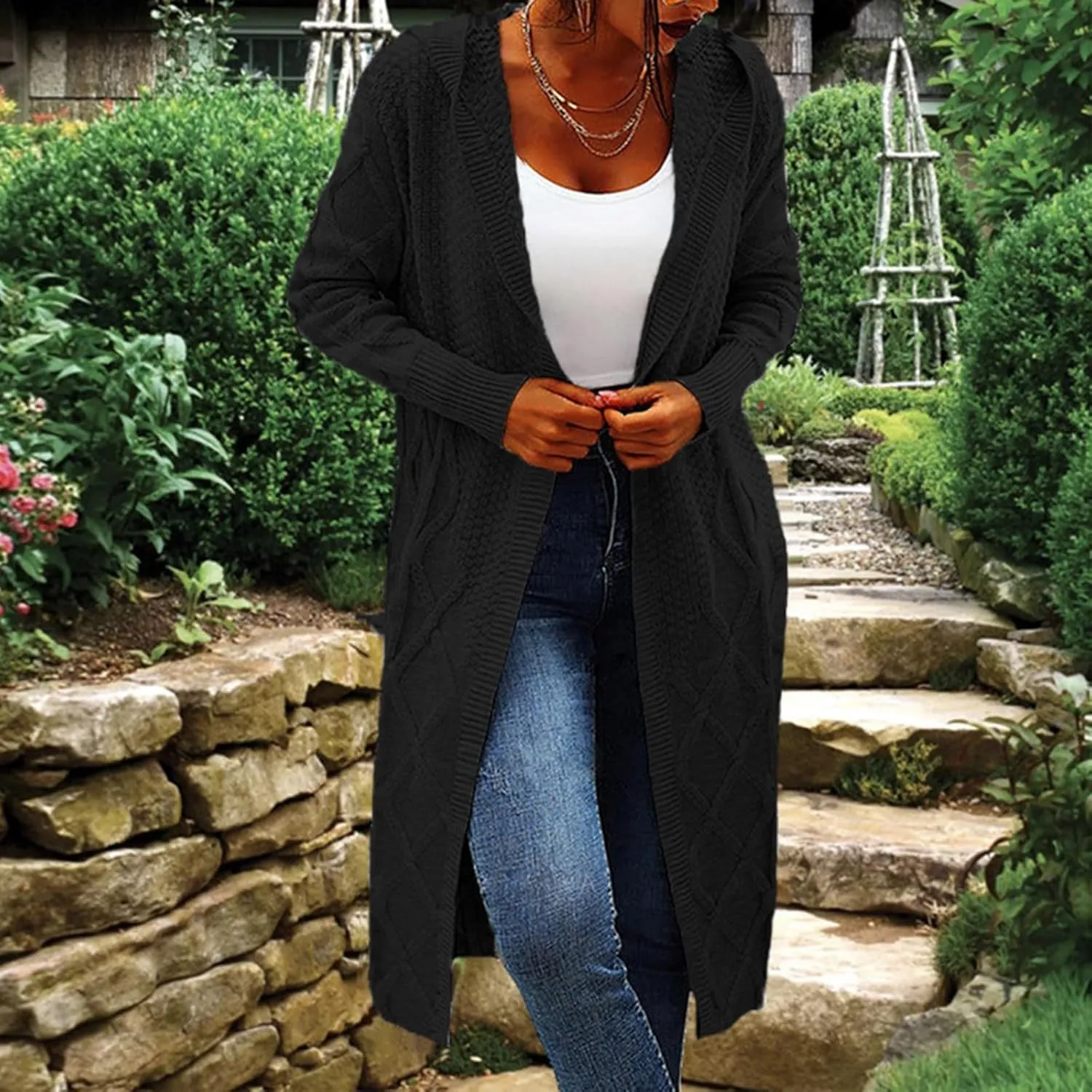 Womens Open Front Lightweight Cardigan Long Sleeve Loose Outwear Solid Color Knit Ribbed Neckline Cardigans Chunky Sweater