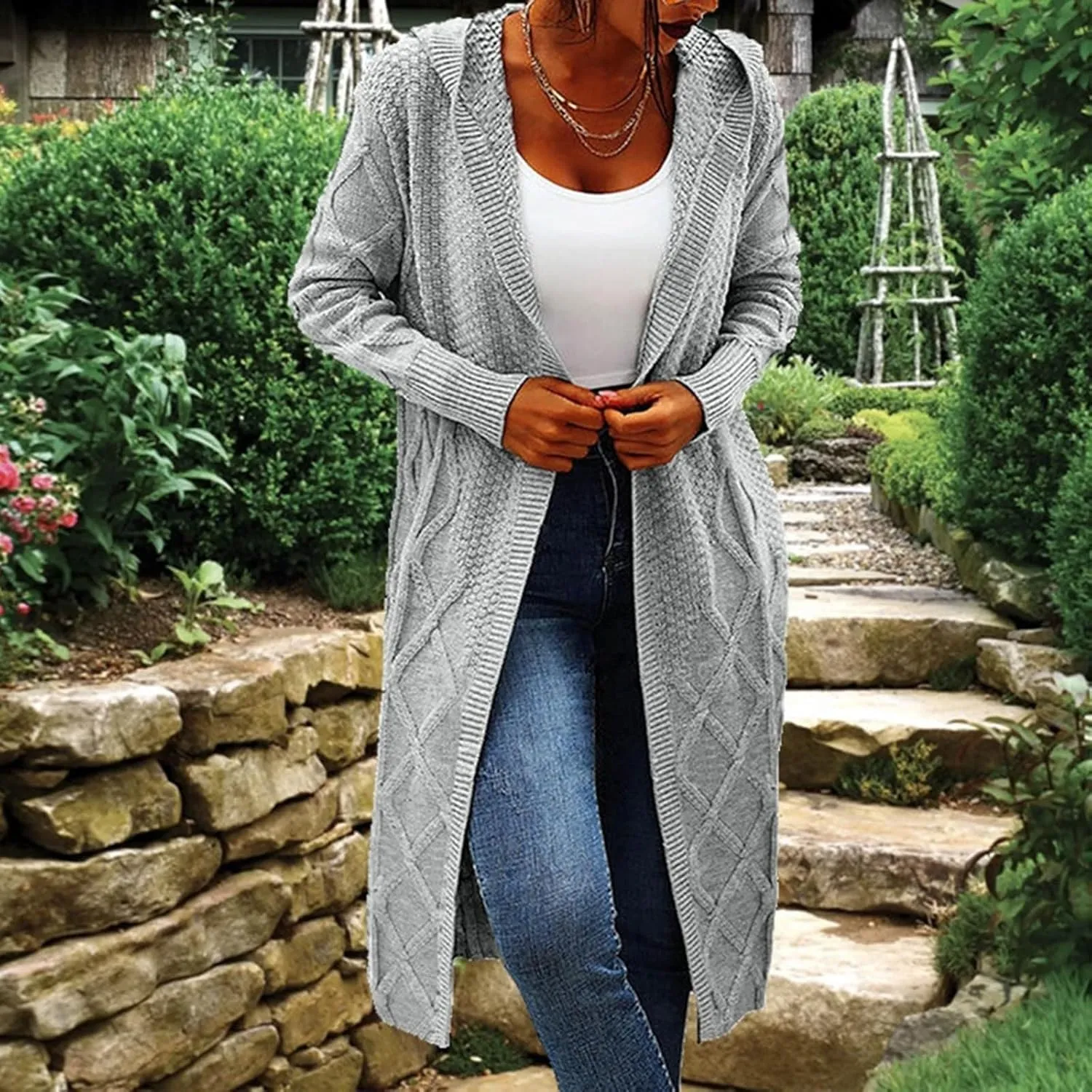 Womens Open Front Lightweight Cardigan Long Sleeve Loose Outwear Solid Color Knit Ribbed Neckline Cardigans Chunky Sweater