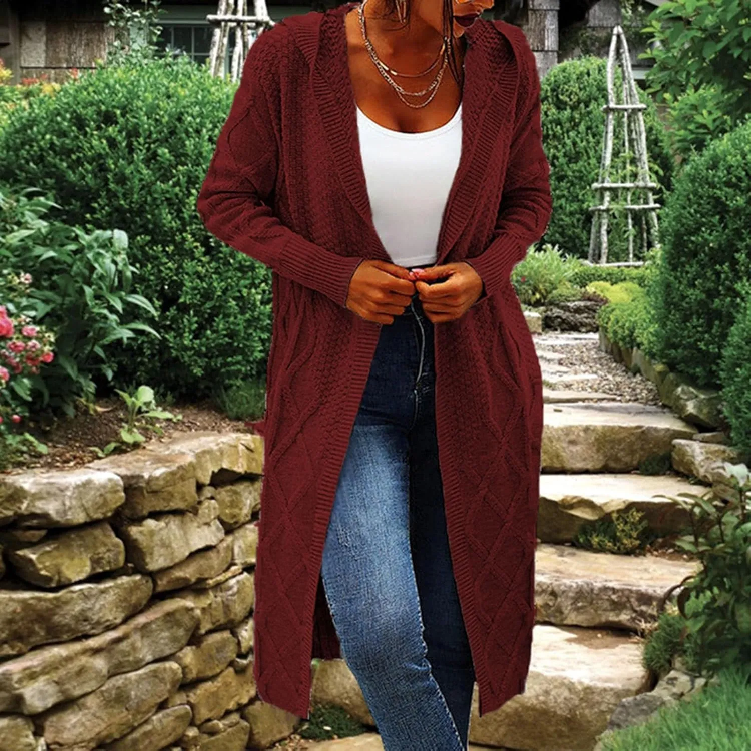 Womens Open Front Lightweight Cardigan Long Sleeve Loose Outwear Solid Color Knit Ribbed Neckline Cardigans Chunky Sweater