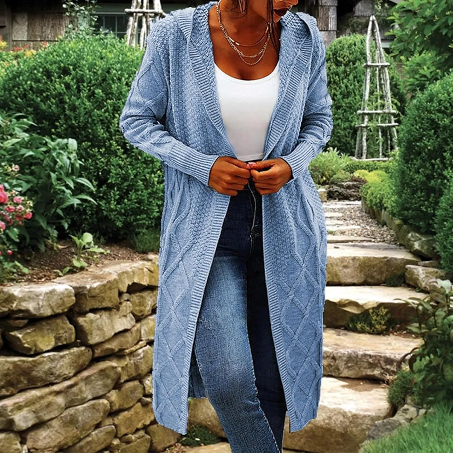 Womens Open Front Lightweight Cardigan Long Sleeve Loose Outwear Solid Color Knit Ribbed Neckline Cardigans Chunky Sweater