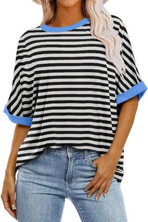 Womens Oversized T Shirts Loose Fit Crewneck Short Sleeve Casual Blouse Y2K Tee Tops Oversized Striped Shirts