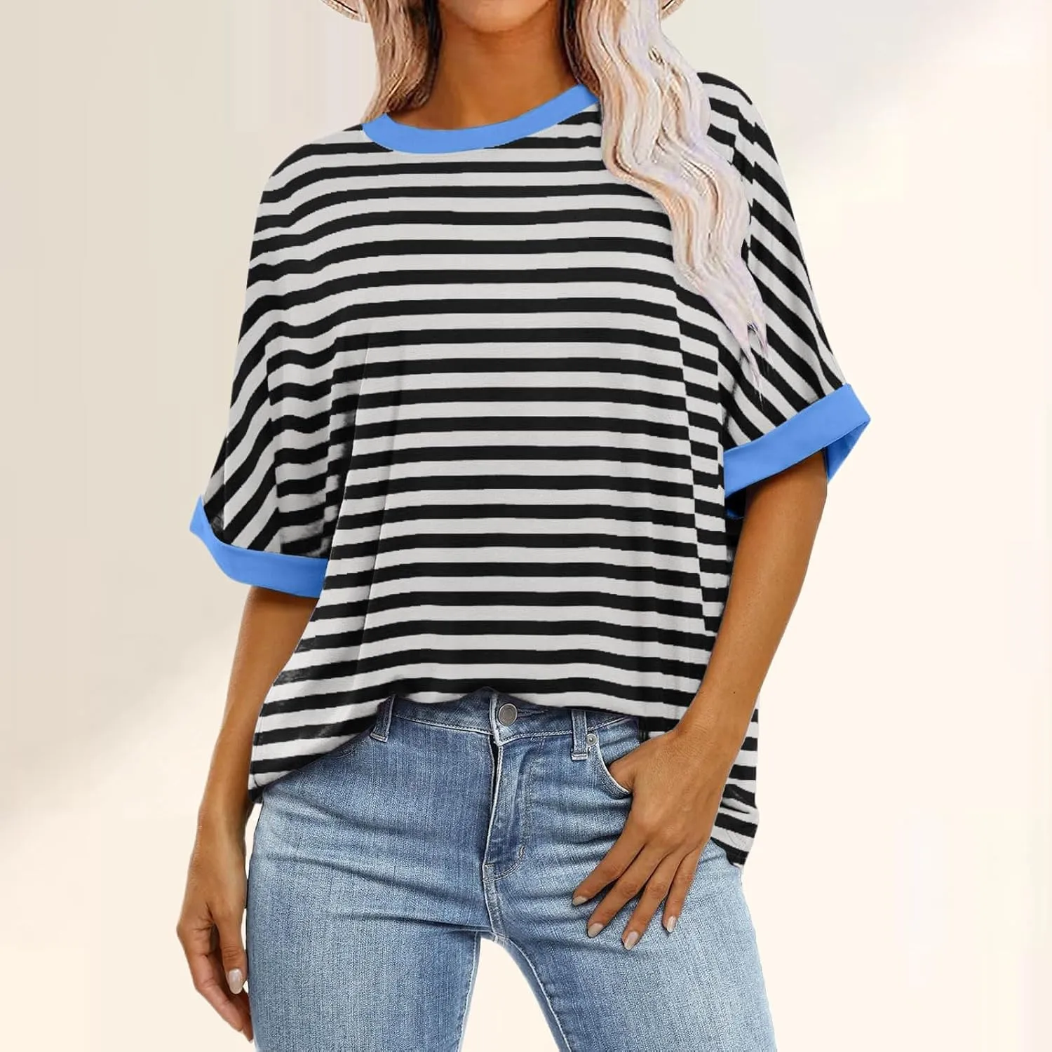 Womens Oversized T Shirts Loose Fit Crewneck Short Sleeve Casual Blouse Y2K Tee Tops Oversized Striped Shirts