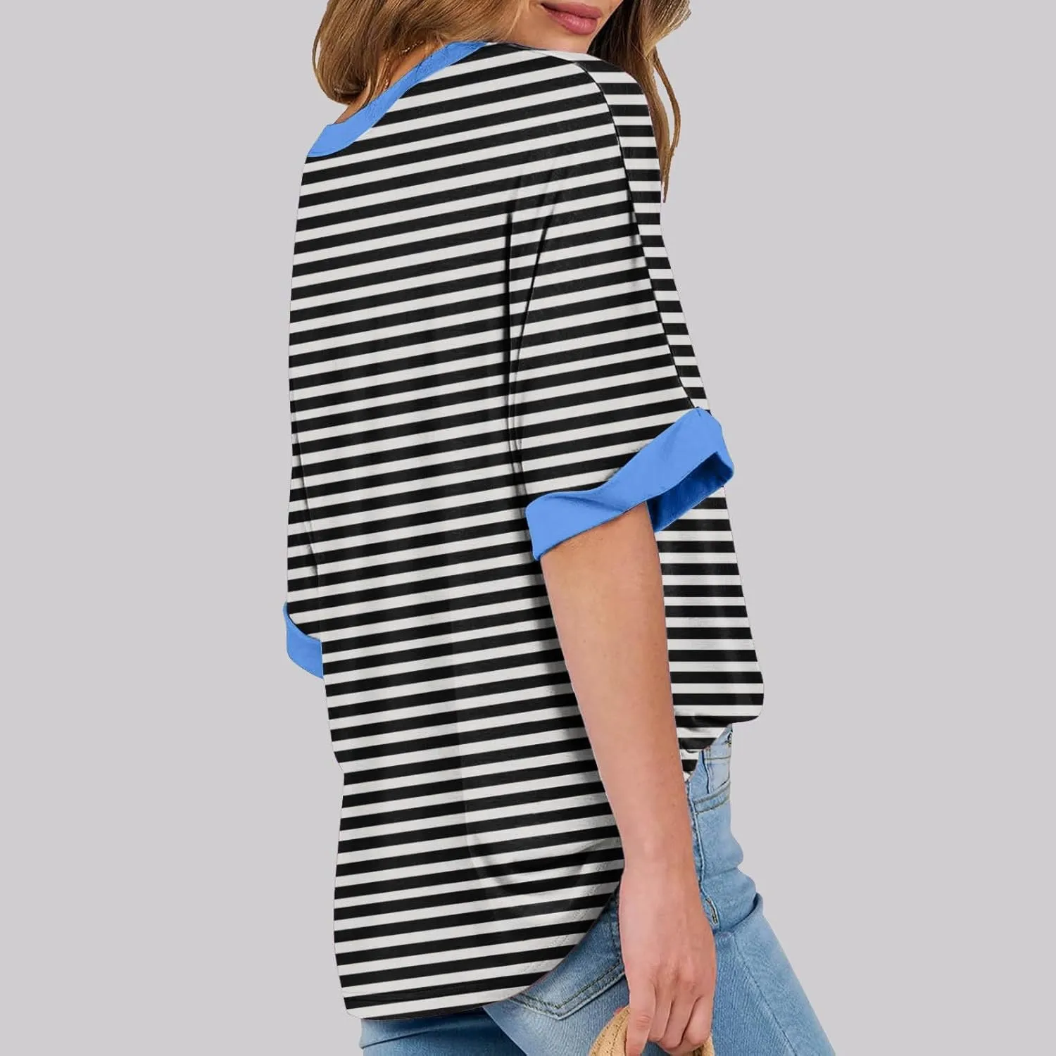 Womens Oversized T Shirts Loose Fit Crewneck Short Sleeve Casual Blouse Y2K Tee Tops Oversized Striped Shirts