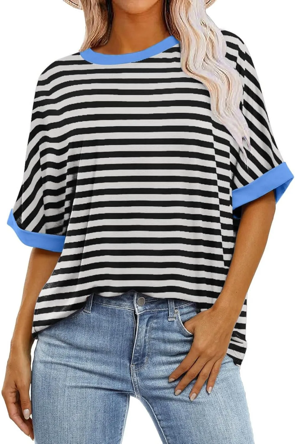 Womens Oversized T Shirts Loose Fit Crewneck Short Sleeve Casual Blouse Y2K Tee Tops Oversized Striped Shirts