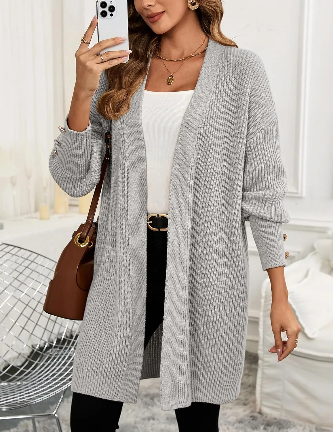 Womens Oversized Thick Long Cardigans Fall 2024 Casual Chunky Ribbed Knit Open Front Button Long Sleeve Cardigan