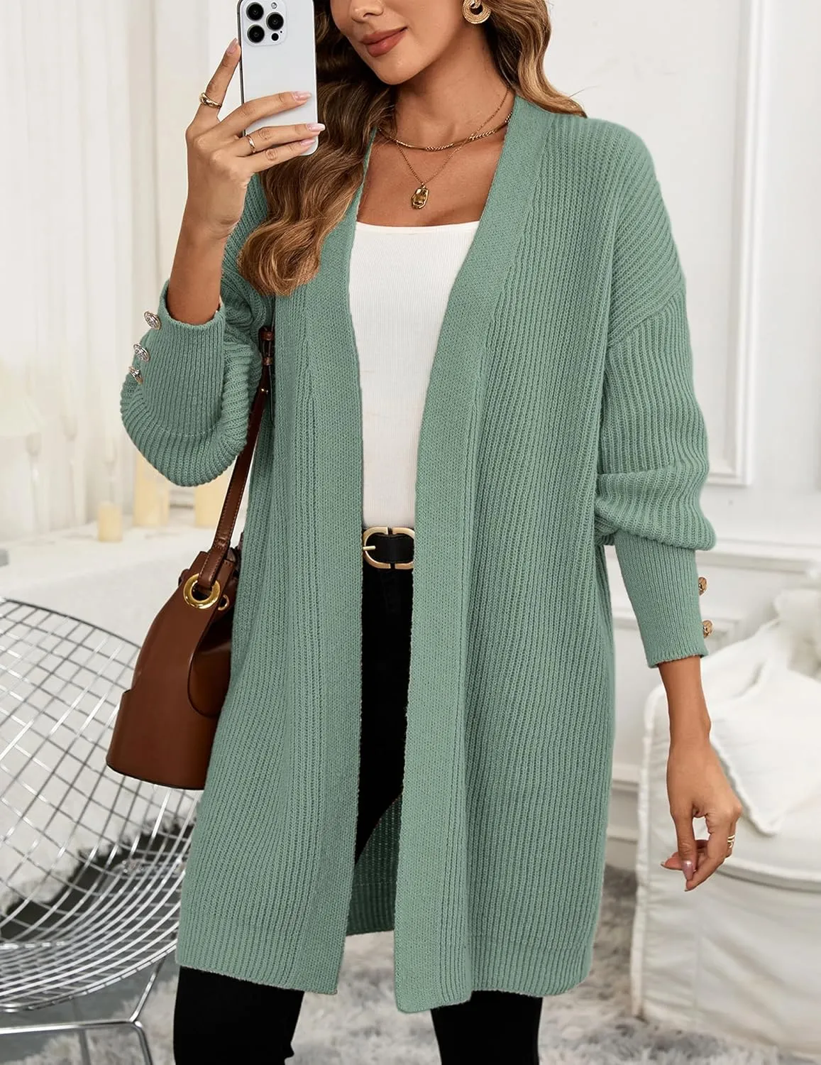 Womens Oversized Thick Long Cardigans Fall 2024 Casual Chunky Ribbed Knit Open Front Button Long Sleeve Cardigan