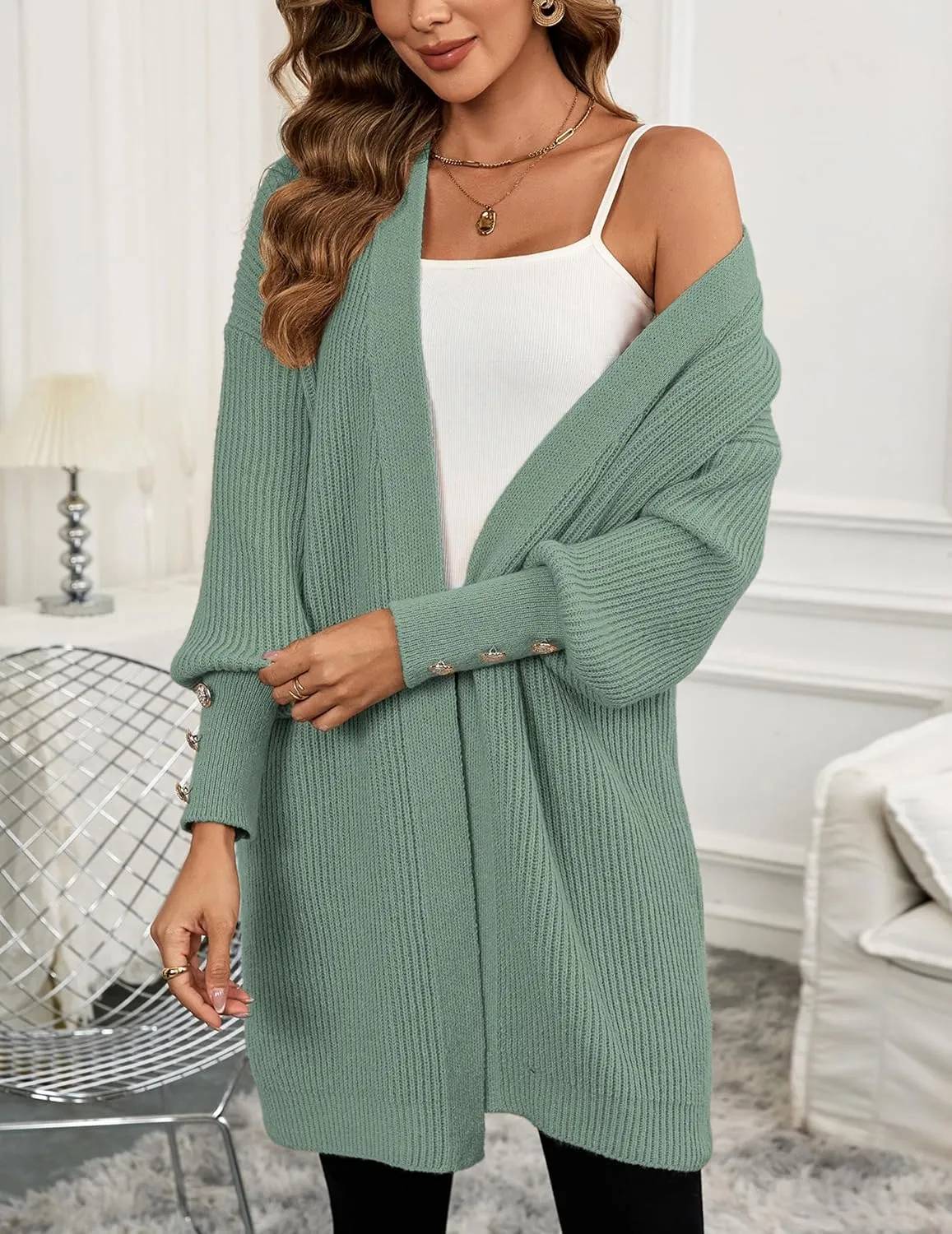 Womens Oversized Thick Long Cardigans Fall 2024 Casual Chunky Ribbed Knit Open Front Button Long Sleeve Cardigan