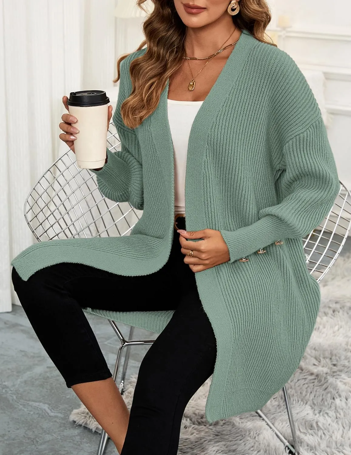 Womens Oversized Thick Long Cardigans Fall 2024 Casual Chunky Ribbed Knit Open Front Button Long Sleeve Cardigan