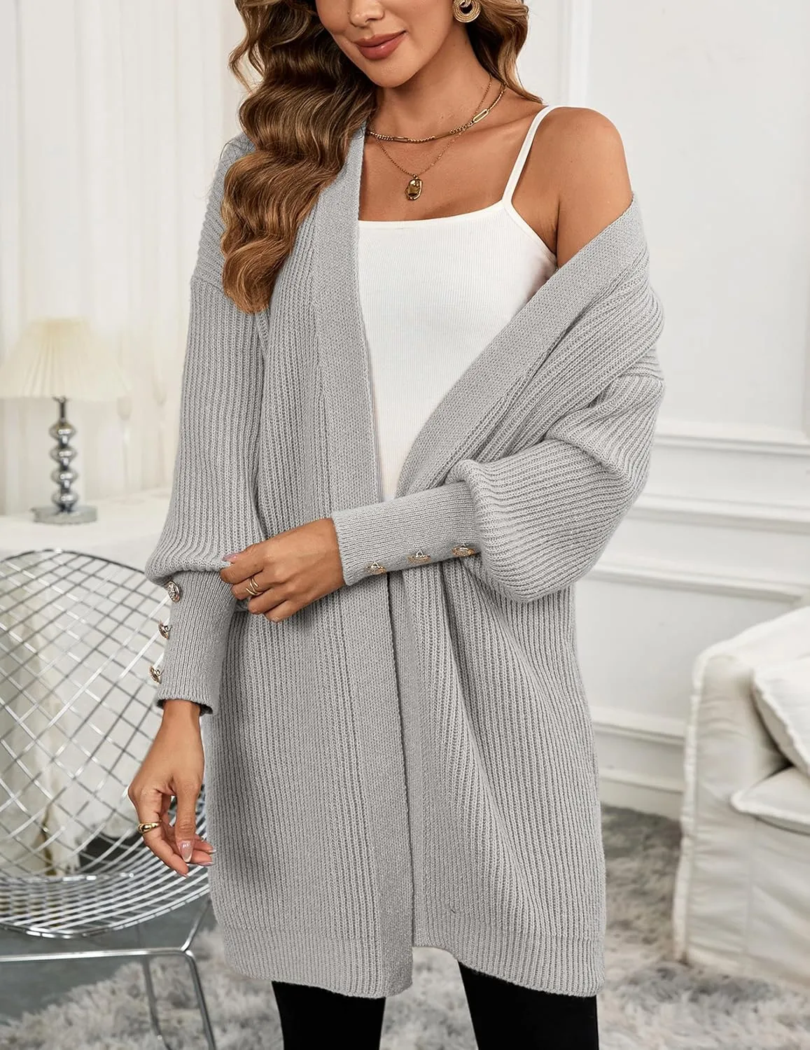 Womens Oversized Thick Long Cardigans Fall 2024 Casual Chunky Ribbed Knit Open Front Button Long Sleeve Cardigan