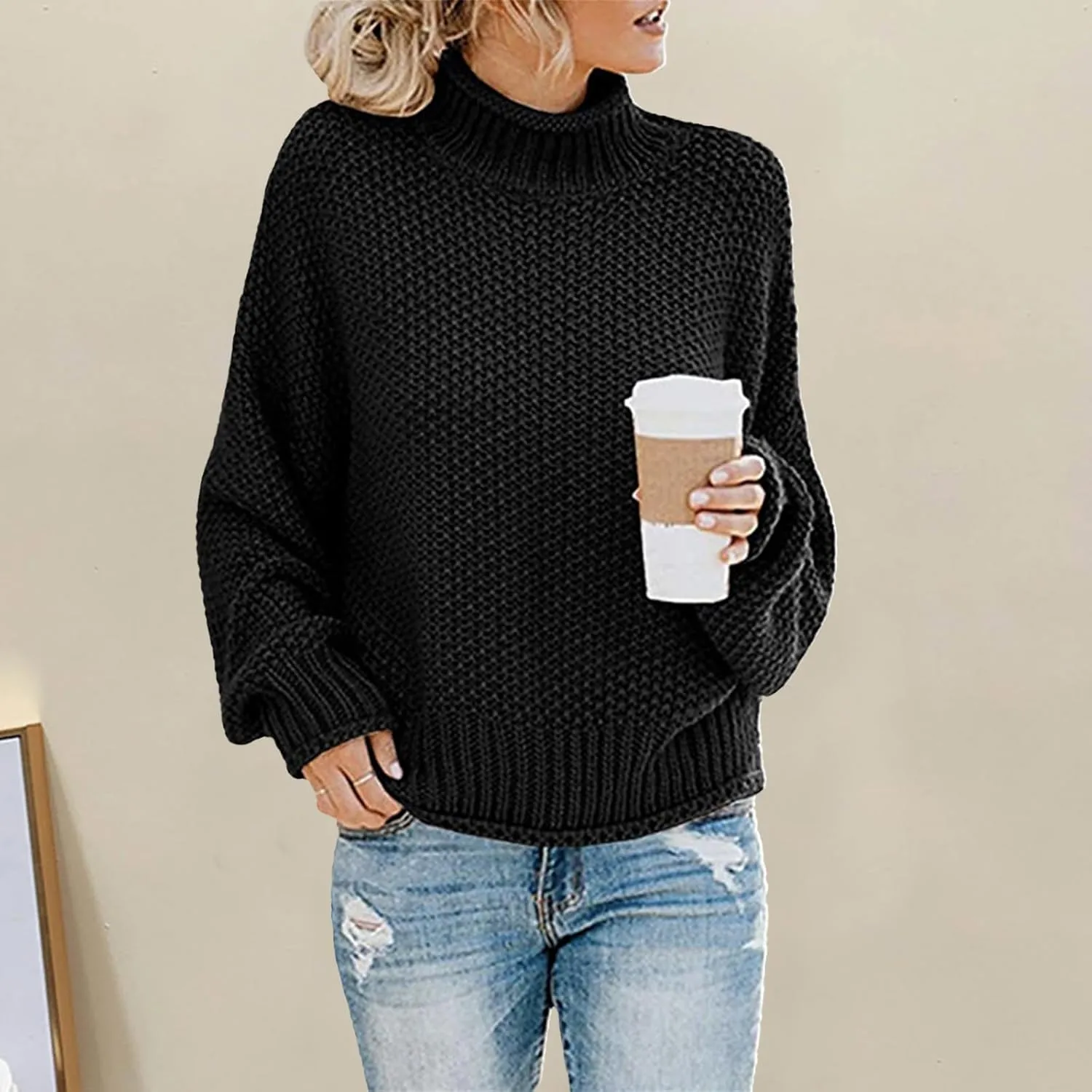 Womens Oversized Turtleneck Sweater Casual Loose Batwing Sleeve Chunky Knit Sweaters Comfy Winter Pullover Jumper Tops