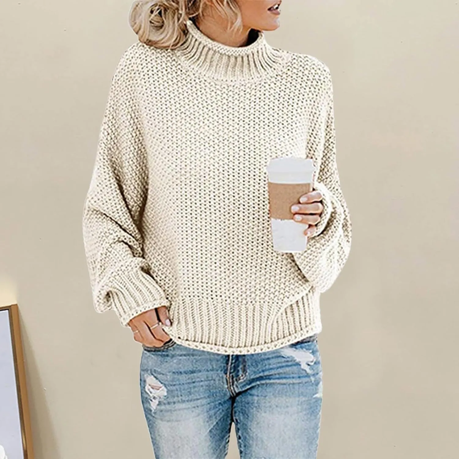 Womens Oversized Turtleneck Sweater Casual Loose Batwing Sleeve Chunky Knit Sweaters Comfy Winter Pullover Jumper Tops