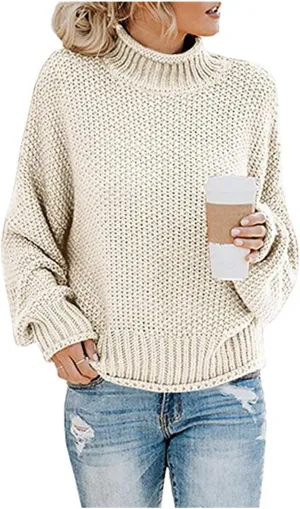 Womens Oversized Turtleneck Sweater Casual Loose Batwing Sleeve Chunky Knit Sweaters Comfy Winter Pullover Jumper Tops