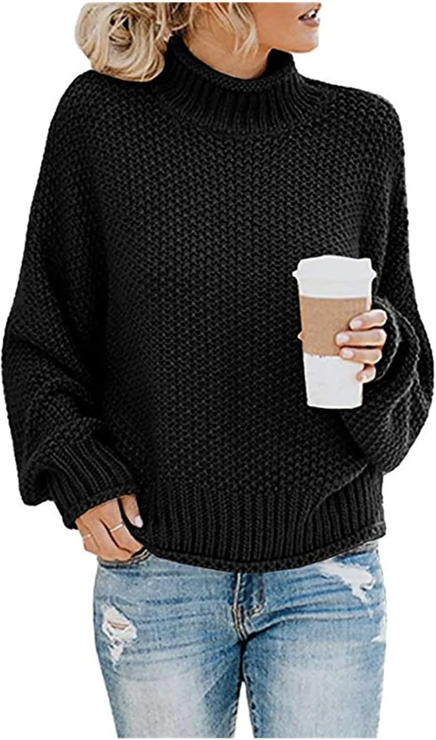 Womens Oversized Turtleneck Sweater Casual Loose Batwing Sleeve Chunky Knit Sweaters Comfy Winter Pullover Jumper Tops
